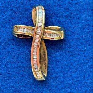 Zales Genuine Natural Diamond Baguette 10k Yellow Gold Cross Pendant Necklace